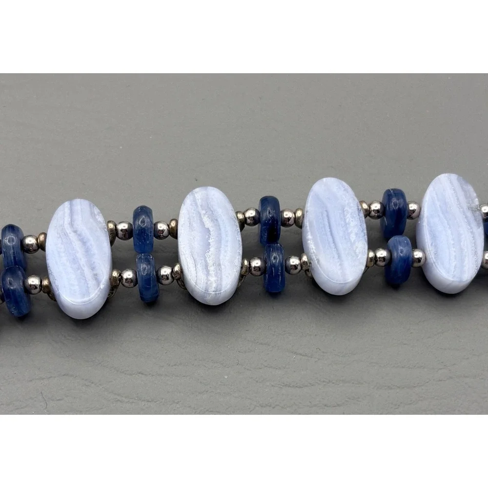 Vintage Carolyn Pollack Half Moon Bay Link Bracelet 925 Blue Lace Agate Kyanite